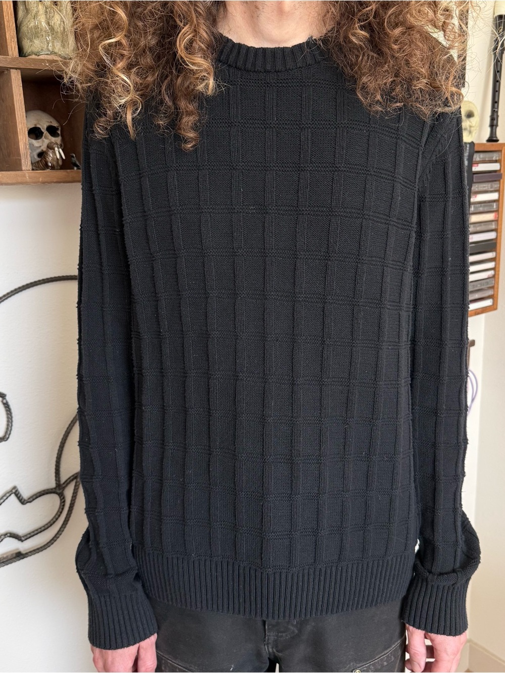 DKNY Black Textured Grid Knit Crewneck Sweater Recycled Cotton ~ Size Large